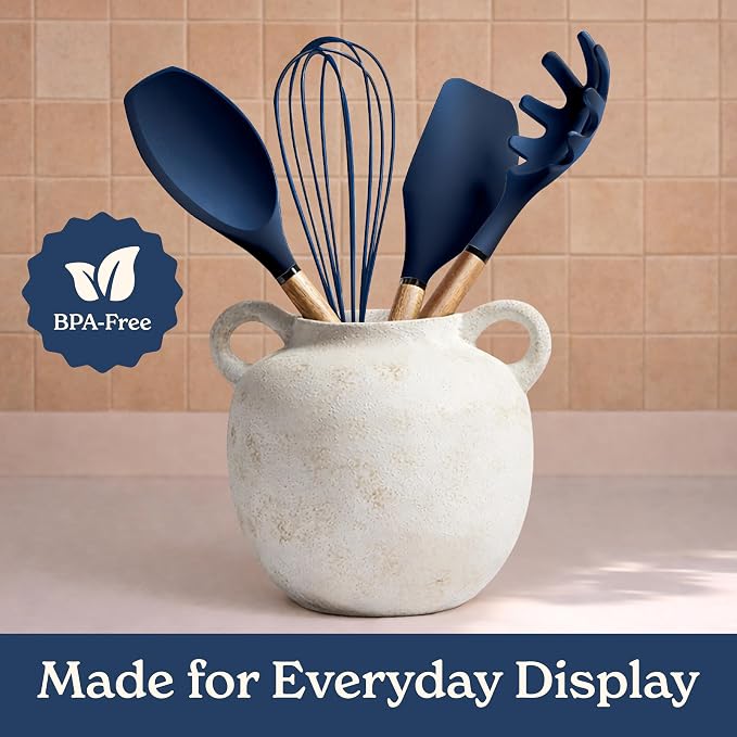 Country Kitchen Non Stick Silicone Utensil Set with Rounded Wood Handles for Cooking and Baking, 8 Piece Set, Navy - Image 6