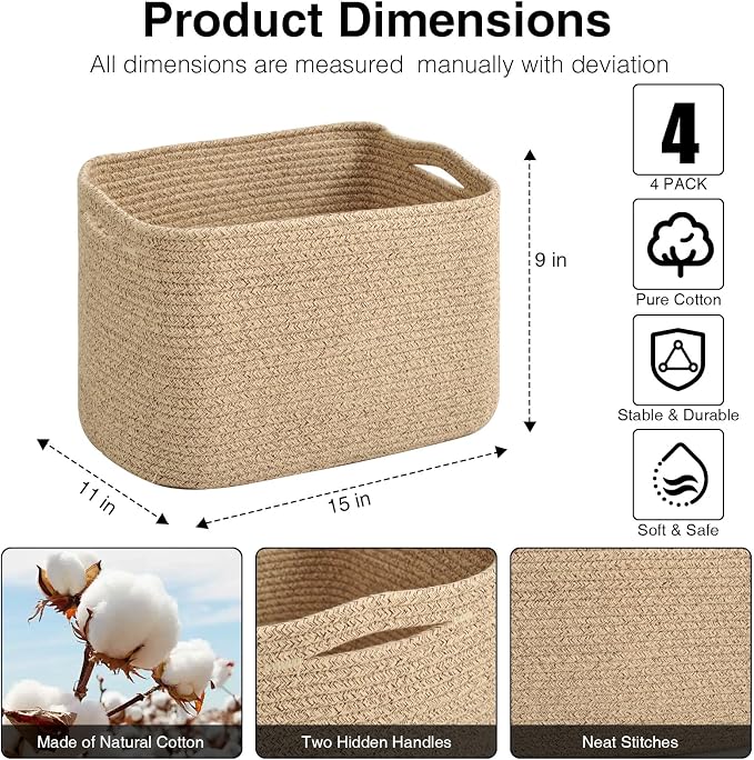 ICERZCZ Woven Cotton Rope Storage Baskets for Organizing & Shelves, Organization Bins for Dog Toys, Clothes, Books, Nursery Organizer, 15"x11"x9", Mixed Brown (4 Packs) - Image 2
