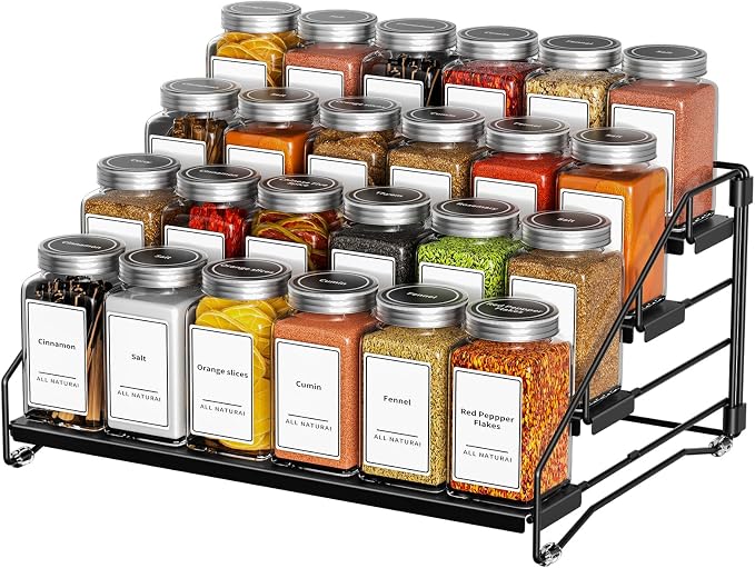 BOIVSHI 4 Tier Spice Rack for Cabinet, Spice Rack Organizer, Depth Adjustable Spice Holder for Countertop, Cupboard, Pantry, Seasoning Shelf, Metal, Black (1 Pack) by BOIVSHI