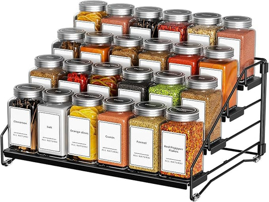 BOIVSHI 4 Tier Spice Rack for Cabinet, Spice Rack Organizer, Depth Adjustable Spice Holder for Countertop, Cupboard, Pantry, Seasoning Shelf, Metal, Black (1 Pack) by BOIVSHI