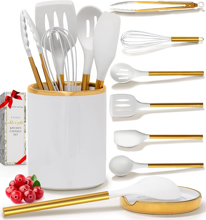 Styled Settings White and Gold Kitchen Utensils with Holder, 8-Piece | Heat Resistant, Nonstick, White Silicone Cooking Utensils Set, Ceramic Utensil Holder & Stackable Gold Spoon Rest by STYLEDSETTINGS
