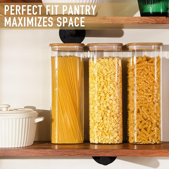 D2scrma 71oz Glass Square Storage Containers with Bamboo Lids Set of 3 (2100ml) Tall Food Storage Canisters Kitchen Jars for Pantry Organization Pasta, Penne, Macaroni, Lasagna, Fusilli - Image 5