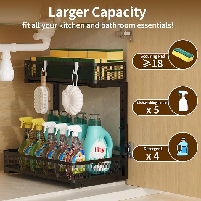 Under Sink Organizer 2 Pack, 2-Tier Slide Out Cabinet Organizer with Metal Sliding Drawer and Hooks, Pull Out Storage Baskets for Kitchen Bathroom Pantry Cabinet Organization (black) - Image 6