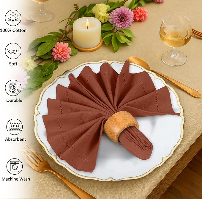 Ruvanti Cloth Napkins Set of 12, 100% Cotton High GSM 18x18 Inches, Hem Stitched Corners, Soft, Washable, Highly Durable & Absorbent, Perfect for Parties, Christmas, Thanksgiving Dinners – Rust - Image 3