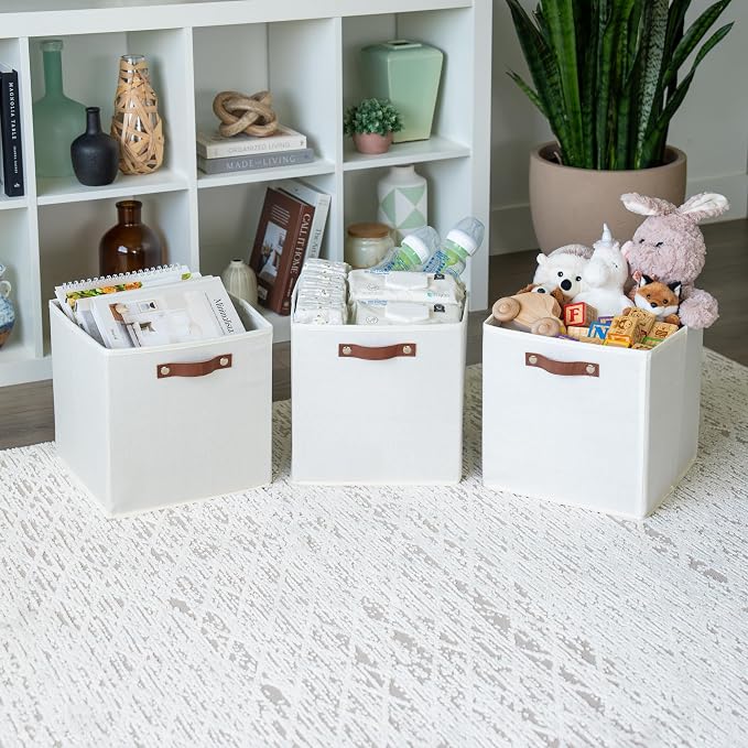 OrganiHaus 12x12 Cube Storage Bins, Set of 4 - Fabric Storage Cubes | Sturdy, holds its shape; odor-free; fits 12-inch cube shelves; vegan leather handles - Image 4