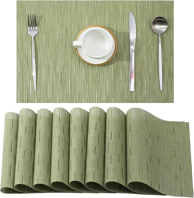 Leetaltree Pea Green Placemats Set of 8 - Heat Resistant Non-Slip Place mats for Dining Table, Washable Durable PVC Vinyl Woven Table Mats（Pea Green, 8） by Leetaltree-ArtatEveryTable