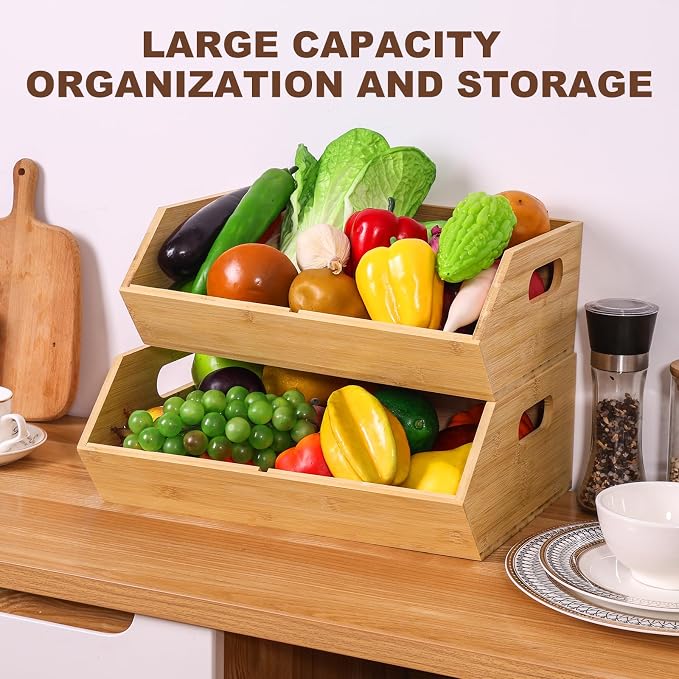 2 Set Bamboo Storage Bins, Pantry Organizers and Storage, Kitchen Countertop Organization and Storage Basket for Produce, Onions, Potatoes, Garlic, Fruits, Vegetable and Bread - Image 7