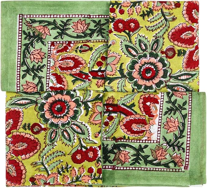 16x16 Inches Cotton Napkins Set of 4, Yellow Green, Washable Hand Block Printed Reusable Cloth Napkins for Dinning, Party, Wedding, Home Decor Autumn - Image 8