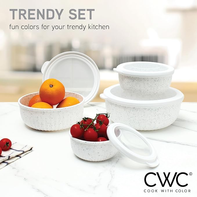 COOK WITH COLOR Prep Bowls with Lids- Wide and Deep Nesting Plastic Small Mixing Bowl Set with Lids, 8 Piece Set - Wide Bowls, Speckled White - Image 2