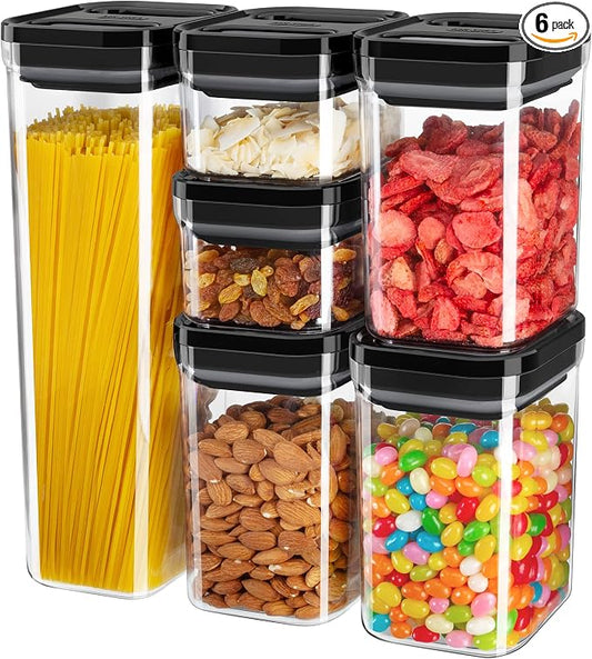 MR.SIGA 6 Piece Airtight Food Storage Container Set for Pantry Organization | BPA Free, stackable, one-handed kitchen storage containers for cereals, spaghetti, pasta, black by MRSIGA