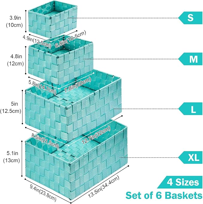 Storage Baskets with Lids: 6 Pack Stackable Woven Storage Bins, Aqua | Decorative Woven Baskets for Organizing with Built-In Handles for Shelves, Closets, Cabinets and Cubbies, Gift Small Basket - Image 2
