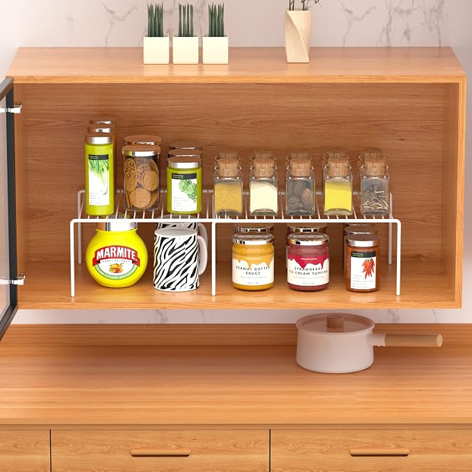 Kitchen Cabinet Expandable Shelf Organizers Set of 4, Adjustable Metal Wire Pantry Storage Shelves, Plate Dish Organizer Rack for Cabinets, Cupboard, Counter, Freezer, Countertop, White - Image 7