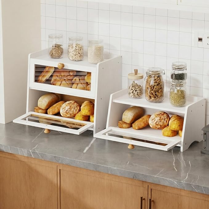 BAMBANG Bread Box for Kitchen Countertop, Extra Large Bamboo Bread Storage Container for Homemade Bread, Double Layer Sourdough Breadox, Bread Bin Organizer for Counter Cabinet Pantry, White - Image 2