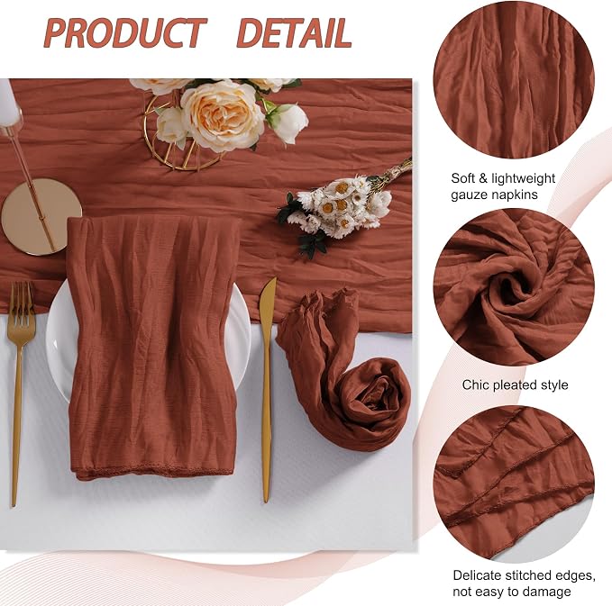 LZY 60 Pack Gauze Cheesecloth Napkins 20x20 Inch Dinner Cloth Napkins, Soft Boho Table Napkins Rustic Wrinkled Cheese Cloth Napkins Bulk for Wedding Party Baby Shower Event Decor (Terracotta) - Image 4