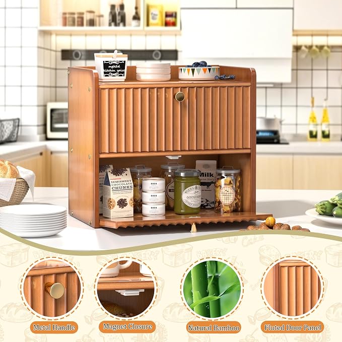 Bread Box for Kitchen Countertop, Large Bread Storage Container for Homemade Bread, Double Layer Farmhouse Breadbox Organizer, Vintage Bamboo Wooden Bread Holder Bin, Vintage - Image 6