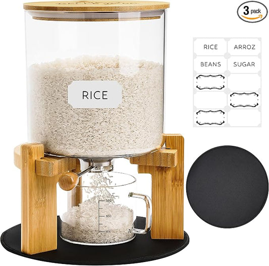 Glass Rice Dispenser 10 lbs, with Airtight Lid & Labels & Slider mat. Make your glass rice container Glass AND Bamboo rice container! Best 5L capacity grain dispenser and rice holder by BelleParc