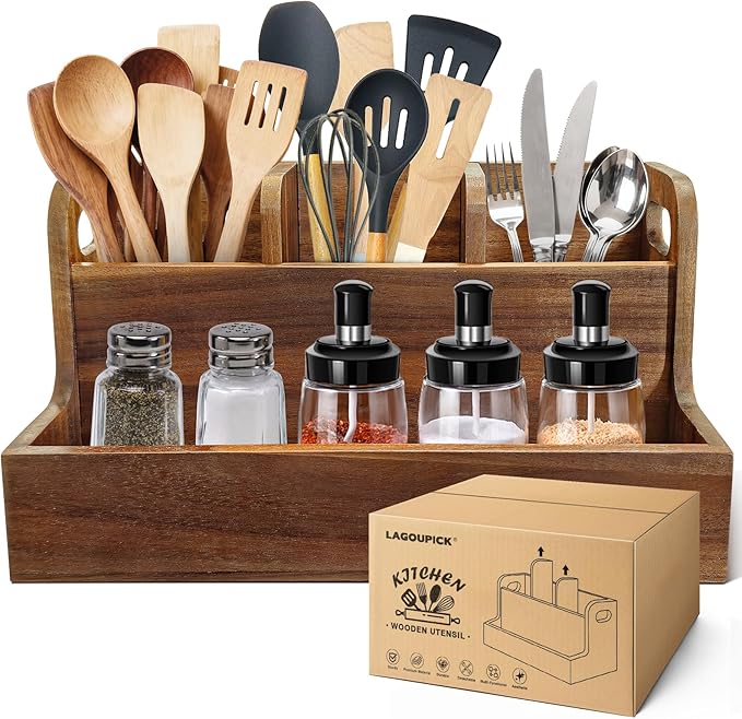 Kitchen Utensil Holder for Countertop with 4 Compartments Acacia Large Utensil Holder Wooden Storage for Cooking,Baking,Flatware Tool Kitchen Utensil Organizer by Unknown