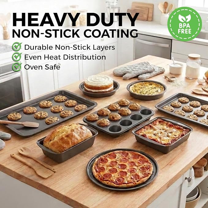 Non-Stick 8-Piece Bakeware Set – Carbon Steel with Even Heat Distribution, Oven Safe to 446°F, BPA-Free, Dishwasher Safe, Stackable Baking Tools for Easy Storage and Everyday Cooking - Gray - Image 3