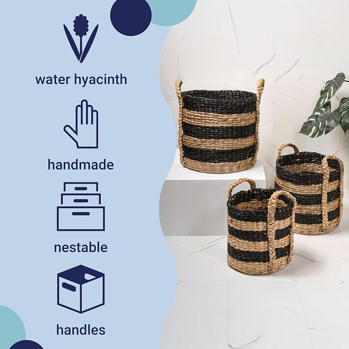 happimess Willow 3-Piece Nesting Hyacinth Baskets 19", Black/Natural | Handwoven, Rustic Cottage Stripe, Integrated Side Handles, Decorative Storage Containers, Living Room, Bedroom - Image 3