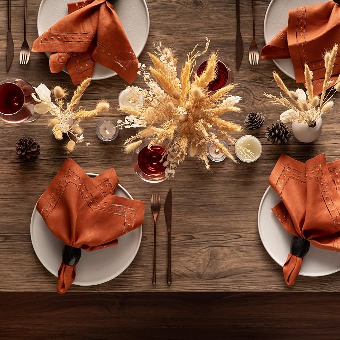 Linen Napkins Set of 4-100% Flax Linen Orange Dinner Napkins with Embroidered Dot 18 x 18 inch - Hemstitch Cloth Napkins Washable for Fall, Halloween and Thanksgiving, Autumn Decor - Image 5