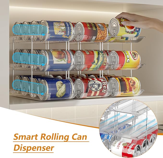 LXLXXL Can Organizer for Pantry Canned Food Storage Goods Holders 3 Tier | Automatic Rolling, Clear Acrylic Can Storage Rack, Sturdy and Stackable Shelf, for Fridge Cabinet Pantry Kitchen Organizer - Image 2