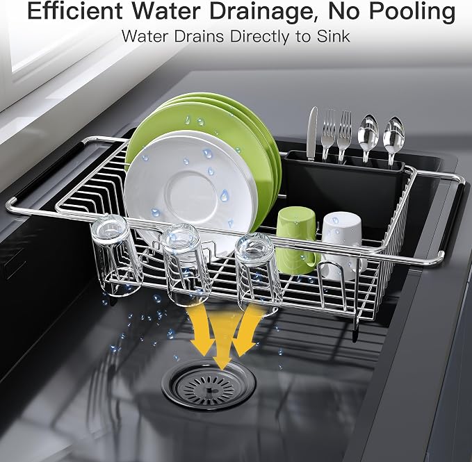JASIWAY Dish Drying Rack in Sink, Dish Drainer with Cup and Utensil Holder | Over The Sink Expandable Stainless Steel Strainer Dryer Rack for Small Kitchen, Counter Space Saving, Fast Drain, Rustproof - Image 6