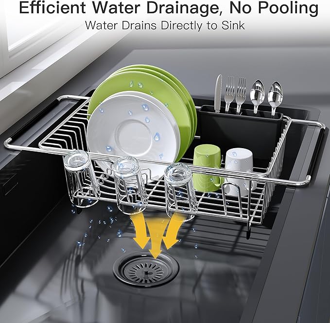 JASIWAY in Sink Dish Drying Rack with Mat, Cups and Utensil Holder | Use Over the Sink or Counter, Stainless Steel Expandable Dish Drainer for Small Kitchen, Space Saving, Fast Drain, Rustproof - Image 8