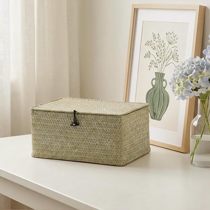 Nonam Storage Basket with Lid, Natural Seagrass Bin with Lid Set of 3, Shelf Baskets Multipurpose Container for Boho Decoration, Rectangular Household Storage Boxes for Home Organization-White - Image 5