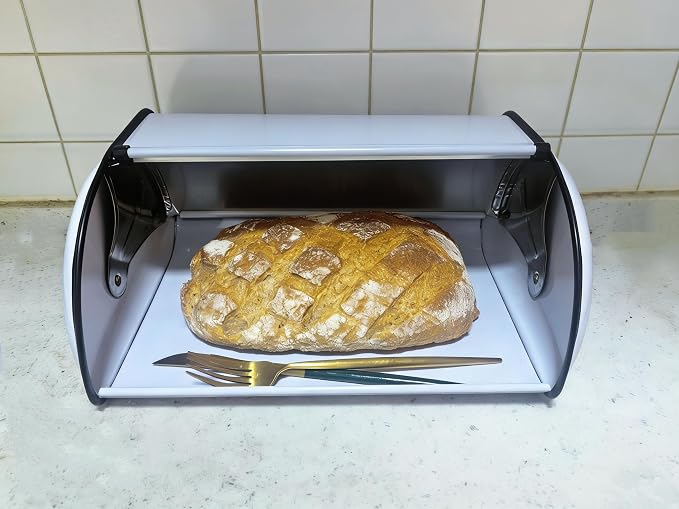 Metal Bread Box for Kitchen Countertop, White Roll Top Bread Bin | Stainless steel with smooth roll-top lid, the vintage bread box keeps homemade bread fresh while organizing countertop - Image 7