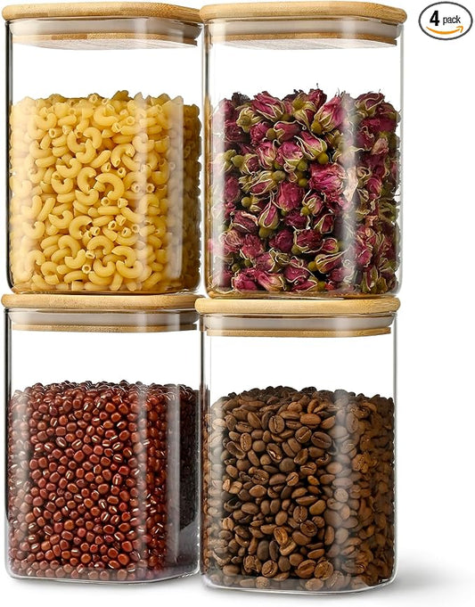 D2scrma 37oz Airtight Glass Square Storage Canister with Bamboo Lid Set of 4 (1100ml) Container Stackable Jar, Kitchen Canister for Pantry Noodles, Flour and Coffee beans (‎with Black Lable) by Delicatedtoservicecustomer