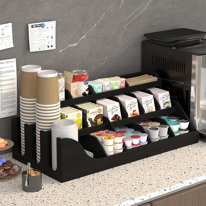 Suli 3-Tier Coffee Bar Station Organizer for Countertop,Extra large,18-Slot | Coffee Storage Basket for Kitchen Counter,Office,Hotel,Pod Holder with Drawer for Condiment Syrup,Tea Cup,Wooden,Rustic Black - Image 4