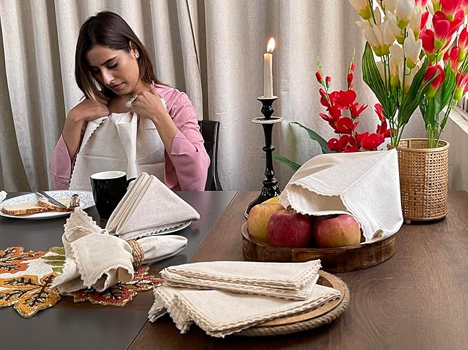 Bedding Craft Cloth Dinner Napkins Linen Flax Cotton 18x18 Set of 12 – Natural with Lace & Mitered Corners – Machine Washable Reusable Fabric Napkins for Weddings, Parties & Table Decorations - Image 2