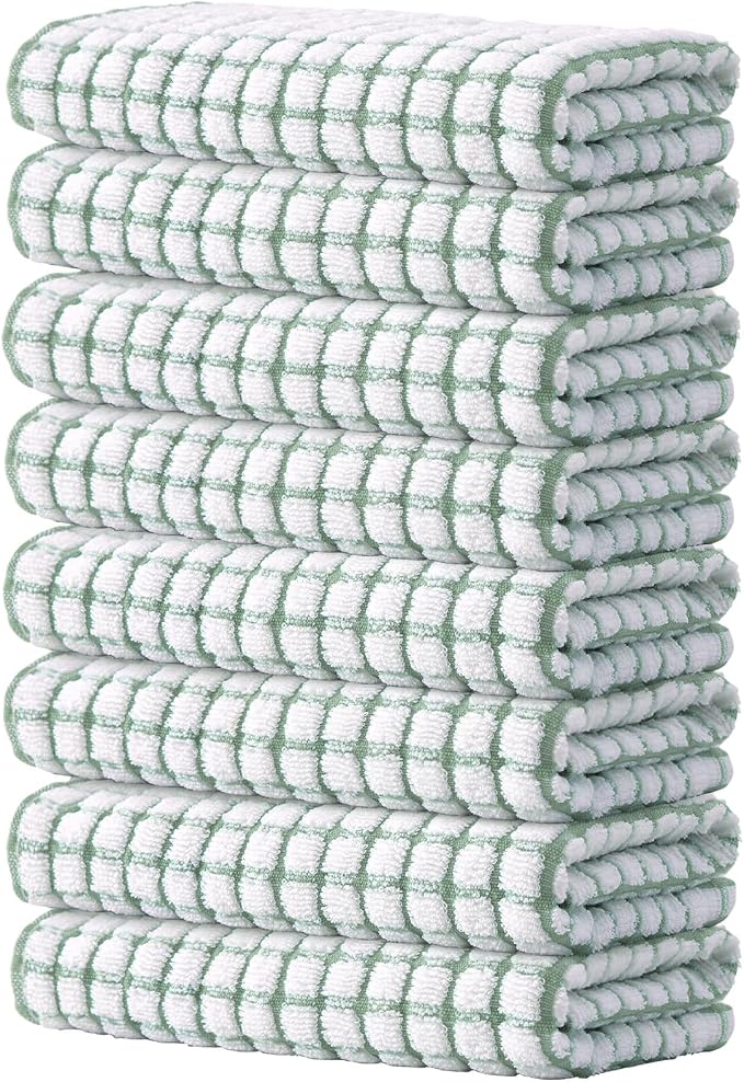 Kitinjoy Cotton 8 Pack Terry Kitchen Towels, Grass Green | 16 x 25 Inches Super Soft and Absorbent Dish Towels, Quick Drying hand towels for kitchen Drying by Kitinjoy
