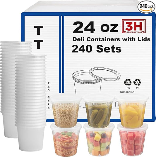 24 oz Food Storage Containers with Lids (240 Set/480 Piece) Deli Soup Containers, Freezer Microwave Safe, BPA-Free Plastic, Stackable Snack Leakproof Leftover Organizers & To-Go by 3HCORPORATION
