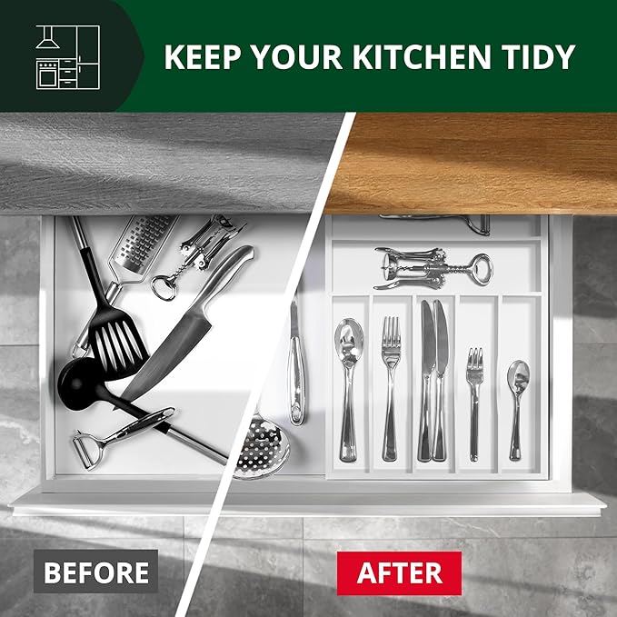 ROYAL CRAFT WOOD Luxury Bamboo Kitchen Drawer Organizer - Silverware Organizer - Utensil Holder and Cutlery Tray with Grooved Drawer Dividers for Flatware and Kitchen Utensils (7 Slot, White) - Image 6