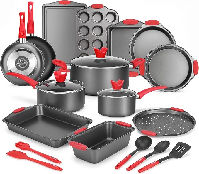 NutriChef 21-Piece Nonstick Cookware Set - PTFE/PFOA/PFOS Free Heat Resistant Lacquer Kitchen Ware Pots Pan w/ Cool-Touch Handles, Saucepan, Fry Pans, Lid, Bakeware, For Gas Electric Ceramic Cooktops by NutriChef%E2%84%A2Kitchen