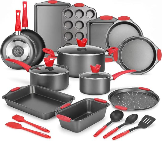 NutriChef 21-Piece Nonstick Cookware Set - PTFE/PFOA/PFOS Free Heat Resistant Lacquer Kitchen Ware Pots Pan w/ Cool-Touch Handles, Saucepan, Fry Pans, Lid, Bakeware, For Gas Electric Ceramic Cooktops by NutriChef%E2%84%A2Kitchen