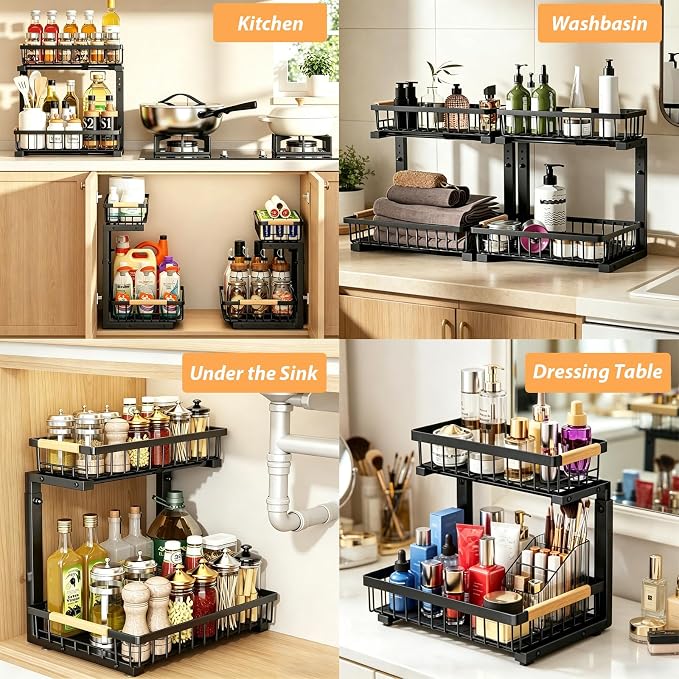 2 Pack Under Sink Organizer, 2-Tier Pull Out Kitchen Cabinet Organizer, Height Adjustable Metal Slide Out Bathroom Organizers and Storage Makeup Drawer Organizer for Office Bedroom (B-Black, 2Pack) - Image 3