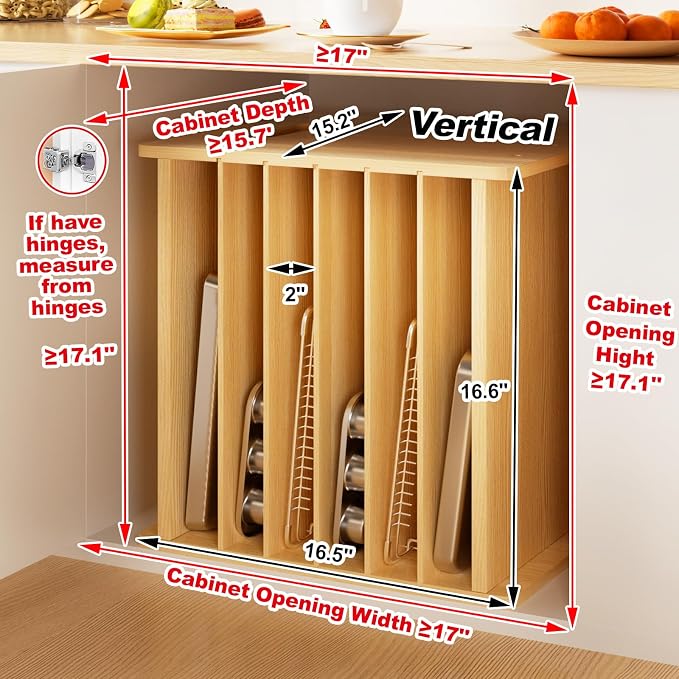7 Tier Wooden Cookie Sheet Organizer for Cabinet Pot, Pans, Baking Tray Organizer for Kitchen Documents Storage(16.6" W x 16.5" H x 15.2" D) - Image 2