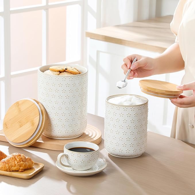 MALACASA LYDIA Ceramic Canisters Set with Airtight Lids, 80/40/20 oz Coffee Canisters Sets for the Kitchen, Large Jars for Flour, Sugar, Pasta, Coffee, Cookies, Tea - Set of 3, Five-Leaf Grass - Image 6