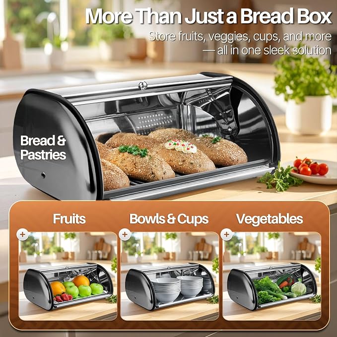 Flexzion Stainless Steel Bread Box for Kitchen Countertop, 16 Inch, Silver | Large Bread Storage Container with Roll-Top Lid, Front Window, Rear Vents, and Room for Bread, Bagels, Muffins, and Pastries - Image 8