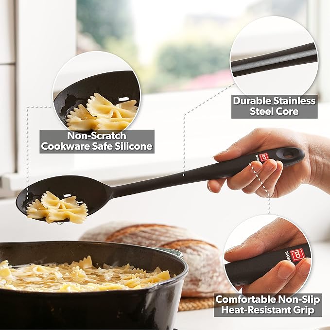 DI ORO Seamless Series 7-Piece Silicone Utensil Kitchen Set - 600°F Heat-Resistant Rubber Cooking and Baking Tools - Food Grade, BPA Free, and LFGB Certified Silicone - 5 Spatulas and 2 Spoons (Black) - Image 3