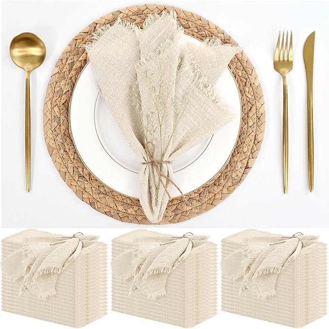 60 Pack Cotton Linen Napkins 16 x 16 Inch Linen Napkins Cloth Handmade with Fringe Soft Cloth Napkins Washable Rustic Dinner Napkins Cloth for Wedding Party Dinner Table(Natural) by ABKLESACH