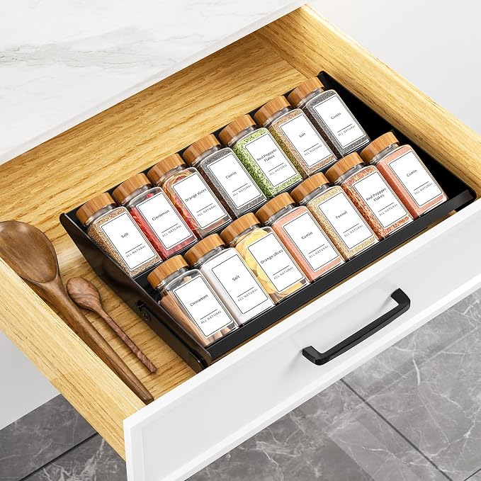 RCHYFEED 2 in 1 Spice Rack Organizer, Expand 12.8 to 21.8 Inch, Foldable | Metal Spicy Shelf，Tiered Spice Rack Suit for Countertop, Cabinet and Drawer, Fits Jars Up to 2.1 Inch, Jars Not Included - Image 4