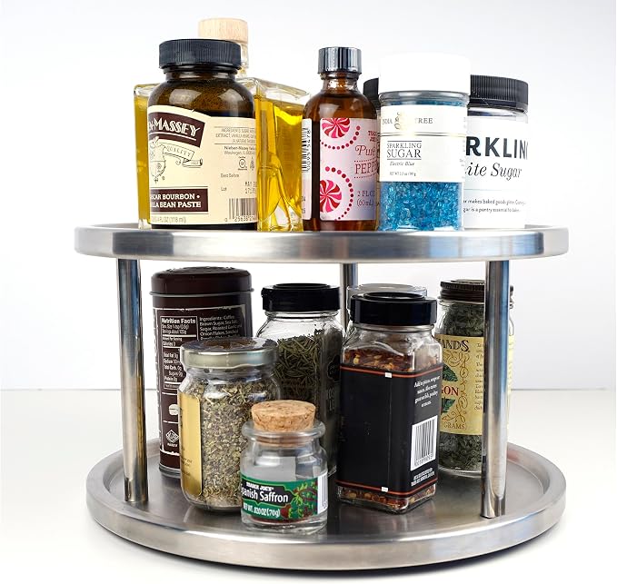 RSVP International Two-Tier Turntable Lazy Susan | Handy in Cabinet, Refrigerators & Counters | Organize Spices, Canned Foods, Pots, Pans, Dinnerware, 10.5" x 6", Stainless Steel - Image 4