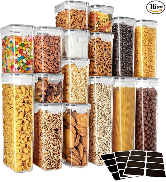 MR.SIGA 16 Pack Airtight Food Storage Container Set for Pantry Organization | Stackable, BPA Free plastic storage containers for pantry, great for snacks, spaghetti, includes 24 reusable sticker labels by MRSIGA
