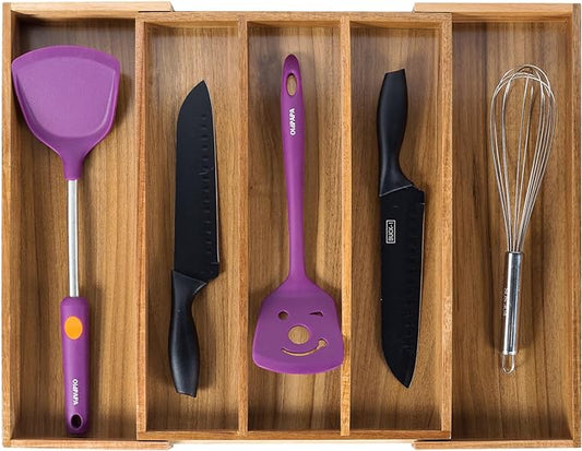Utoplike Acacia Kitchen Drawer Organizer Expandable, Utensils Cutlery Tray | Large Silverware Divider for Knives, Flatware, Knives in Kitchen, Bedroom, Living Room, Adjustable 3-5 Slots by Utoplike