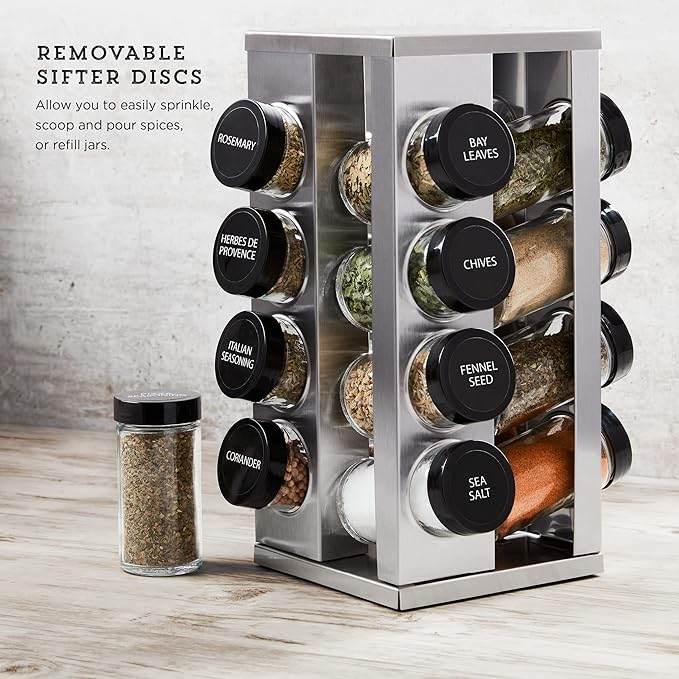 Kamenstein 16 Jar Heritage Revolving Countertop Spice Rack Organizer with Spices Included, FREE Spice Refills for 5 years, Brushed Stainless Steel with Black Caps - Image 5