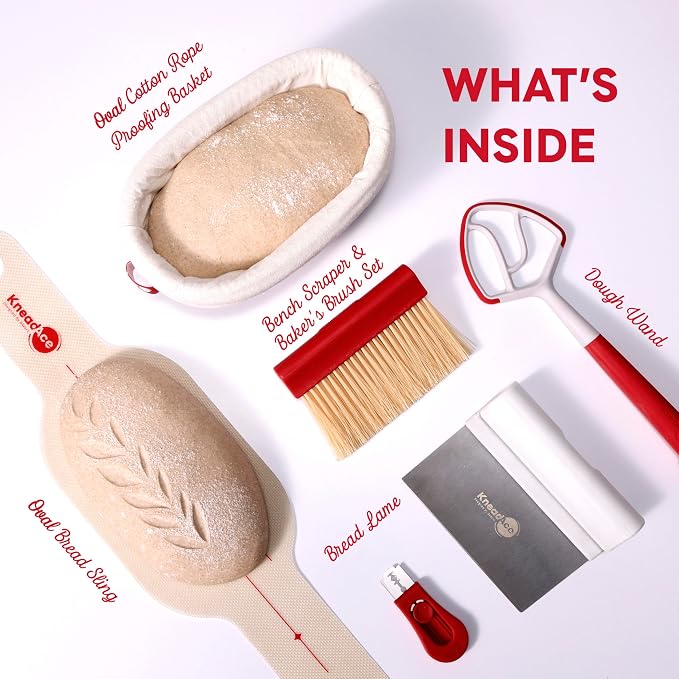 KneadAce Essential Sourdough Starter Kit - Artisan Bread Baking Tools | Bake with this Sourdough Kit: Oval banneton proofing baskets, dough whisk, bread lame, scraper & brush set, bread sling - Image 2