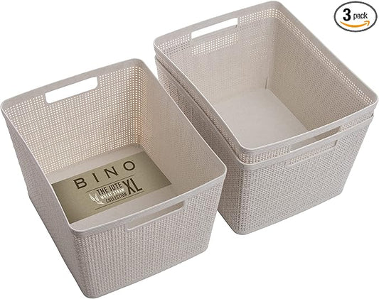 BINO Woven Plastic Basket | Large (Natural), 3-Pack | THE JUTE COLLECTION | Home Organization, Space-Saving Storage, Stylish Design | Plastic Storage Basket by BINO